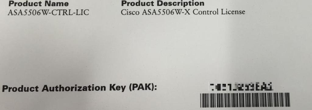 が配布されます ライセンスファイルを取得する際にはこの PAK が必要となります 1) ASA5506-CTRL-LIC ASA 5506-X に同梱されています (