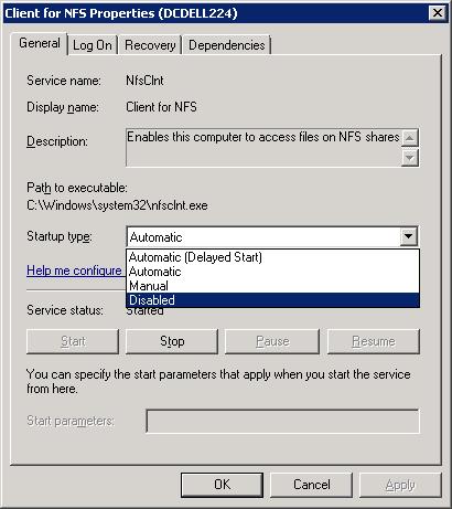 付録 B Windows の NFS のサービスの構成個別リカバリテクノロジ (GRT) 用の UNIX メディアサーバーと Windows バックアップまたはリストアホストの構成 (NetBackup for VMware) 354 6 [Client for NFS のプロパティ (Client for NFS Properties)] ダイアログボックスの [ スタートアップの種類