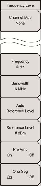 ISDB-T 信号解析 4-23 [Frequency/Level] メニュー (Custom モード ) チャネルマップ設定が None の場合の [Frequency/Level] メニュー Custom( カスタム ) キー手順 :Frequency/Level > Channel Map > None Channel Map: このサブメニューキーを押して [Select Channel