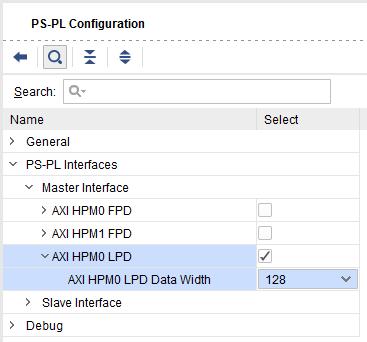 . 第 6 章 : システムデザイン例 3. 図 6-7 に示すように [AXI HPM0 LPD] を展開して [AXI HPM0 LPD Data Width] ドロップダウンリストから 128 ビットを選択します X-Ref Target - Figure 6-7 図 6-7: AXI HPM0 LPD のデータ幅の設定 4.
