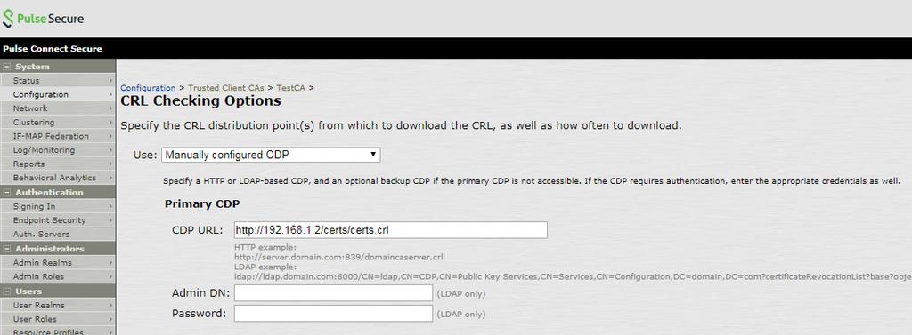 CRL Distribution Points(CDP) で Manually configured CDP を選択し CDP URL