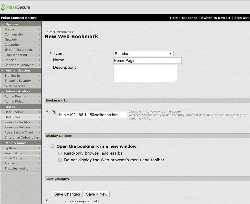 次に 画面上タブの Web より New Bookmark を選択し 以下を設定します 本設定は任意です 本設定をすることで ログイン後 登録した