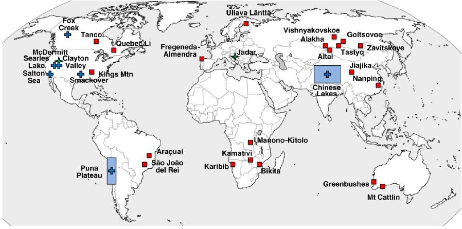 世界のリチウム鉱床の分布と鉱床タイプ かん水型 ペグマタイト型 Jadarite 型 出典 :Global