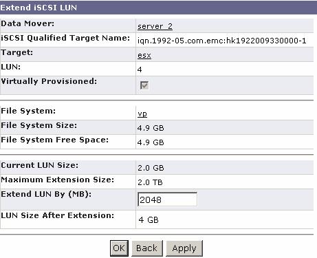 では 既存の 2 GB の iscsi LUN を使用して 1 つの 2 GB ホスト仮想ディスクとして使用されるデータストアが提供されます LUN は ホストに追加領域を提供するためにサイズが 2 倍にされます このデータストアに使用されている Celerra ファイル システムは LUN の拡張用として 5 GB の領域を持っています