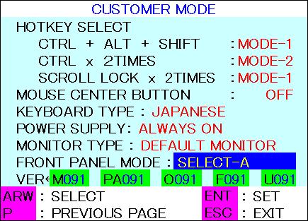 FRONT PANEL MODE 設定 Front Panel の Server Selection スイッチを操作する際の選択モード (SELECT-A SELECT-B) を設定できます 工場出荷時の設定では SELECT-A に設定されています 1. SERVER SELECTION(MODE-1 の OSD) で<N>キーを押下して CUSTOMER MODE に入ります 2.