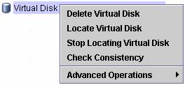 論値ドライブの右クリックメニュー ( コンテキストメニュー ) 論理ドライブの右クリックメニューは 論理ドライブの状態により表示されるメニューが異なります 以下に論理ドライブの状態毎の右クリックメニュー例を示します 論理ドライブが正常な場合 [Delete Virtual Disk]: 論理ドライブを削除する場合に選択します [Locate Virtual Disk]: