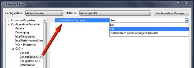 コンパイラーを使用できるようになりました Microsoft* Visual Studio* 2010 ユーザー : [Project ( プロジェクト )] > [Properties ( プロパティ )] > [Configuration Properties ( 構成プロパティ )] > [C/C++] > [General [Intel C++] ( 全般 [