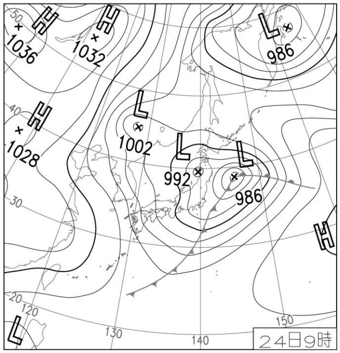 2012 年 3 月 23 日 14 時 ~24 日 14 時の弓削島におけ る瞬間風速および風向の時系列を示す 図 15