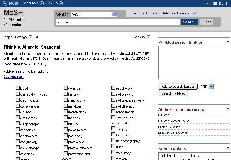 MeSH の詳細画面が表示されます その MeSH について 特定の角度から見た論文を探すときは ここにチェックを入れます Restrict to MeSH major Topic をチェックすると この MeSH を主に扱った論文だけに絞り込めます これらの言葉が PubMed で検索されたとき PubMed は自動的に相当する MeSH に置き換えて検索します ( ここでの場合