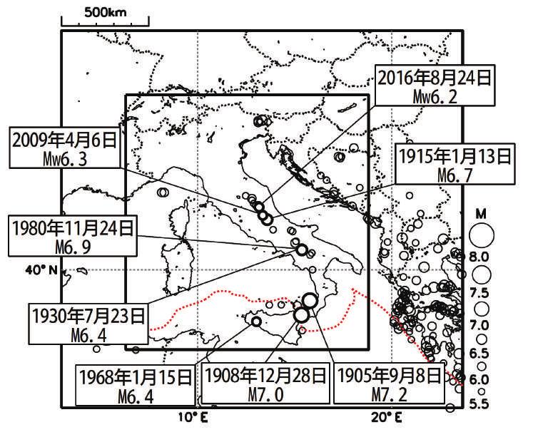 (2) 過去の地震活動イタリア付近は アフリカプレートとユーラシアプレートが衝突し 互いに押し合っている地域で テクトニクス的にも地質学的にも複雑な地域であり 地震活動が活発にみられる 今回の地震が発生したアペニン山脈付近では 局所的に東西方向に伸張する力が主に働くことによって 地震が発生している領域である 1900 年 1 月以降の活動をみると 今回の地震の震央周辺 ( 領域 b) では M6.