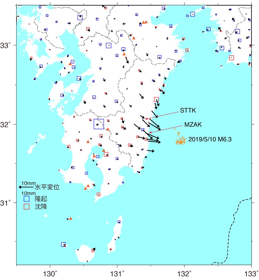 GNSS 観測による日向灘の地震 (M6.3) の地殻変動 京都大学防災研究所地震予知研究センター 京都大学防災研究所地震予知研究センターでは 日向灘沿岸のスロー地震等を観測するため 宮崎県内の 13 か所で GNSS 連続観測を行っている これらの観測点において 2019 年 5 月 10 日の日向灘の地震 (M6.