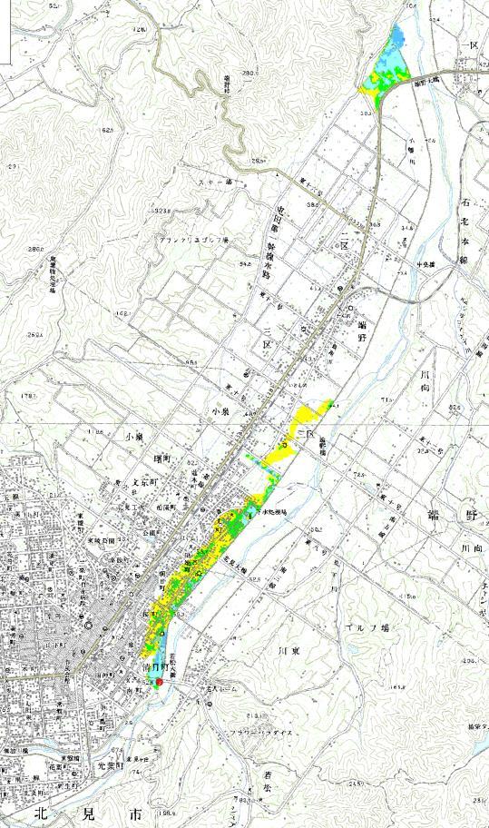 B. 最大浸水区域図 北見市街地付近 2 信頼区間内ピーク流量最大ケース