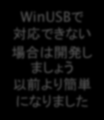 WinUSBで 対 応 できない 場 合 は 開 発 し ましょう 以 前 より 簡 単 になりました 開 発 環 境 OS Windows 7, Windows 8, Windows 8.1 開 発 対 象 OS Windows 7, Windows 8, Windows 8.