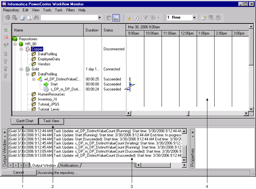 Workflow Monitor は 1 回 以 上 実 行 されたワークフローを 表 示 します Workflow Monitor は Integration Service およびリポジトリサービスから 連 続 的 に 情 報 を 受 け 取 ります また リポジトリから 情 報 を 取 得 して 履 歴 情 報 を 表 示 します Workflow Monitor は 以 下