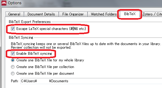 Mendeley Desktop と Mendeley Web のデータの同期 BibTeXのファイルと同期する BibTeX は LaTeX 等から呼び出される文献管理 参考文献リスト作成ツールです Mendeley を BibTeX で使 われる書誌情報ファイルを管理するツールとして使うことができます Mendeley Desktop の Tools メニュー Options で