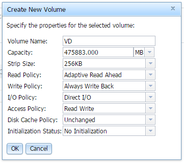 Local Storage の 管 理 Storage RAID Configuration (2/2) 5. Create New Volume 画 面 が 表 示 されますの で 各 種 パラメーターを 確 認 し [OK] を 押 します 6.