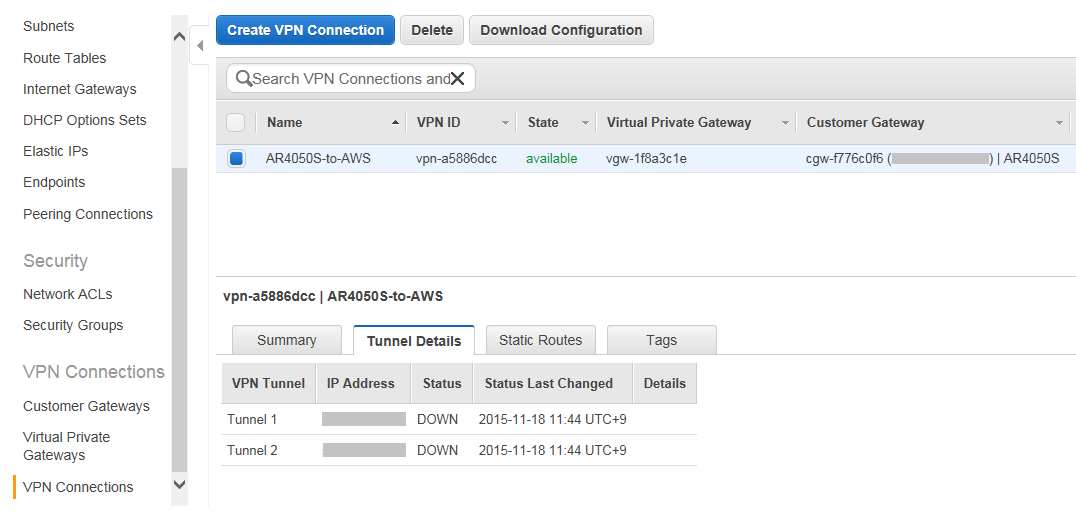 2-2. Amazon VPCの 設 定 設 定 のダウンロード 左 側 のメニューバーから VPN Connections を