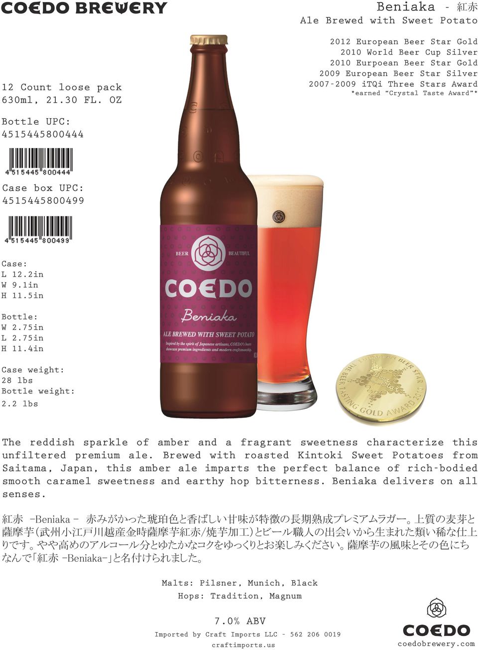 Brewed with roasted Kintoki Sweet Potatoes from Saitama, Japan, this amber ale imparts the perfect balance of rich-bodied smooth caramel sweetness and earthy hop bitterness.