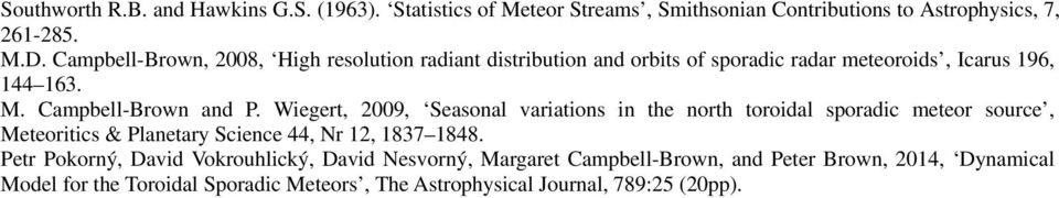 Wiegert, 2009, Seasonal variations in the north toroidal sporadic meteor source, Meteoritics & Planetary Science 44, Nr 12, 1837 1848.