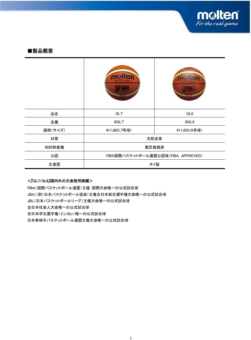 の 公 式 試 合 球 JBA(( 財 ) 日 本 バスケットボール 協 会 ) 主 催 全 日 本 総 合 選 手 権 大 会 唯 一 の 公 式 試 合 球 JBL( 日 本 バスケットボールリーグ) 主 催 大 会 唯 一 の 公 式