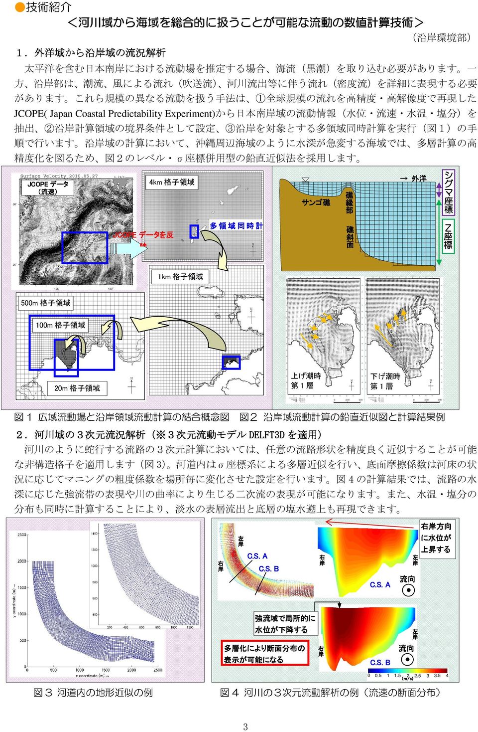 外 洋 域 から 沿 域 の 流 況 解 析 太 平 洋 を 含 む 日 本 南 における 流 動 場 を 推 定 する 場 合 海 流 ( 黒 潮 )を 取 り 込 む 必 要 があります 一 方 沿 部 は 潮 流 風 による 流 れ( 吹 送 流 ) 河 川 流 出 等 に 伴 う 流 れ( 密 度 流 )を 詳 細 に 表 現 する 必 要 があります これら 規 模 の 異 なる 流