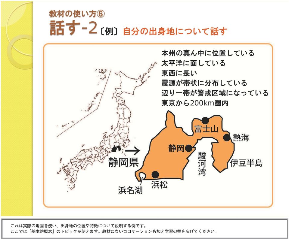 東 京 から200km 圏 内 これは 実 際 の 地 図 を 使 い 出 身 地 の 位 置 や 特 徴 について 説 明 する 例