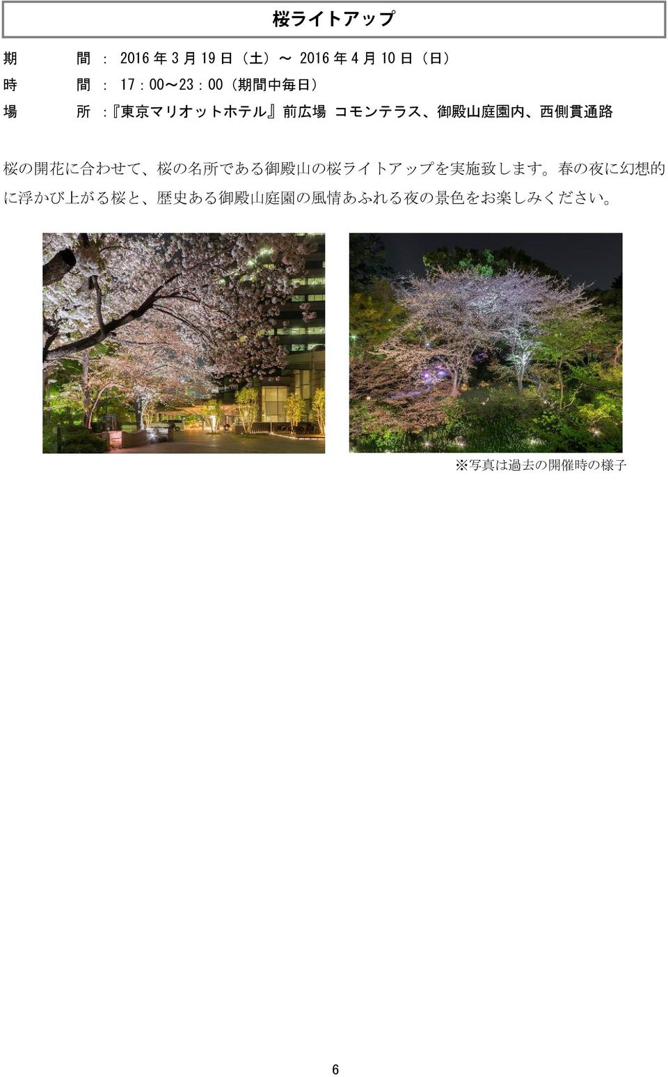 わせて 桜 の 名 所 である 御 殿 山 の 桜 ライトアップを 実 施 致 します 春 の 夜 に 幻 想 的 に 浮 かび 上 がる 桜 と