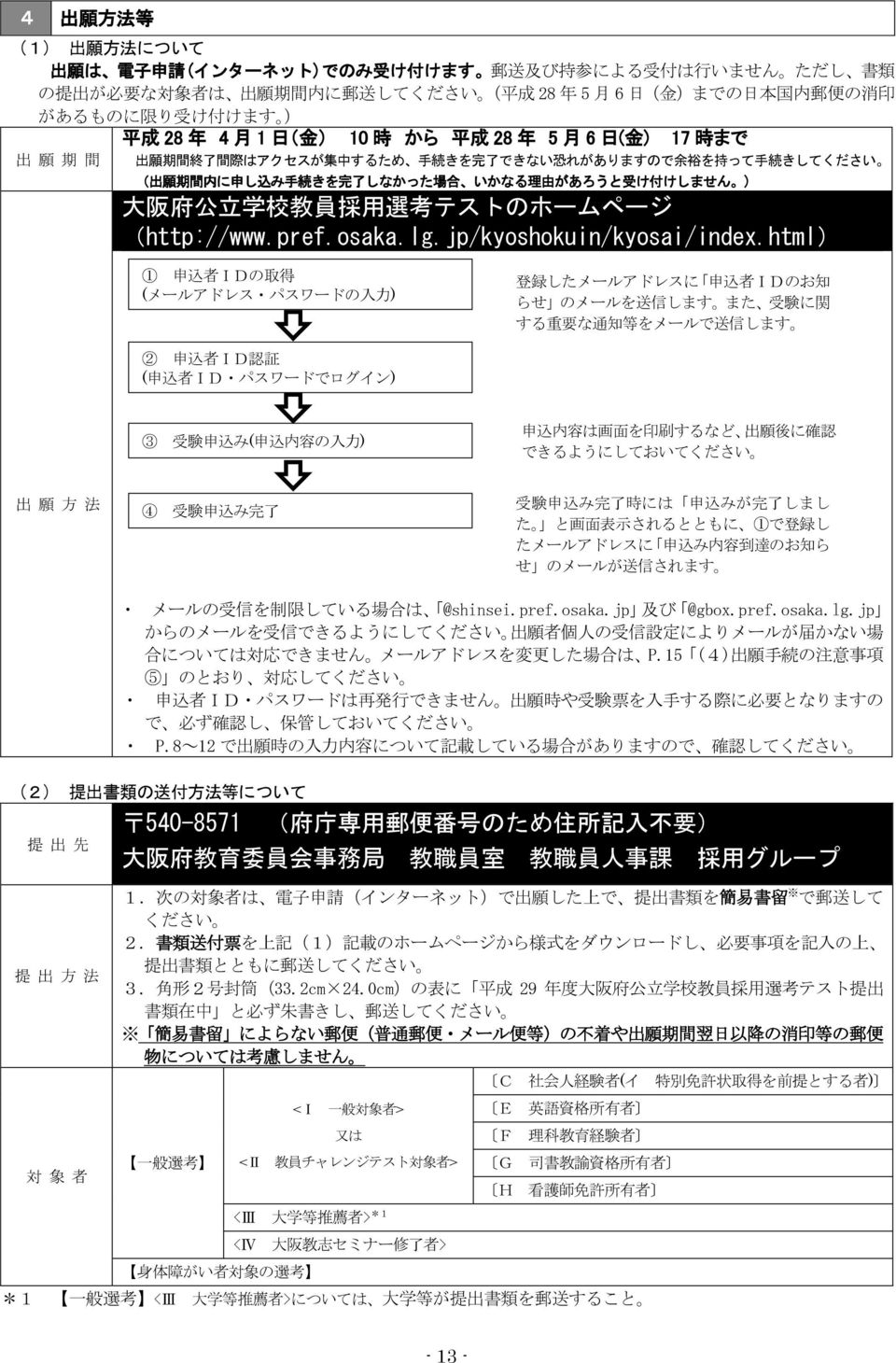 続 きを 完 了 しなかった 場 合 いかなる 理 由 があろうと 受 け 付 けしません ) 大 阪 府 公 立 学 校 教 員 採 用 選 考 テストのホームページ (http://www.pref.osaka.lg.jp/kyoshokuin/kyosai/index.