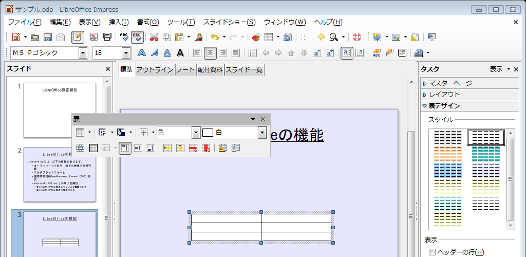 LibreOffice Impress 6 表 に 外 枠 が 設 定 できました Tip 表 の 外 枠 を 設 定 しても 表 が 選 択 状 態 のままであると 外 枠 が 表 示 されません 一 度 スライド 上 の 空 白 部 分 をクリック して 表 の 選 択 状 態 を 解 除 すると 外 枠 が 表 示 されます なお 表