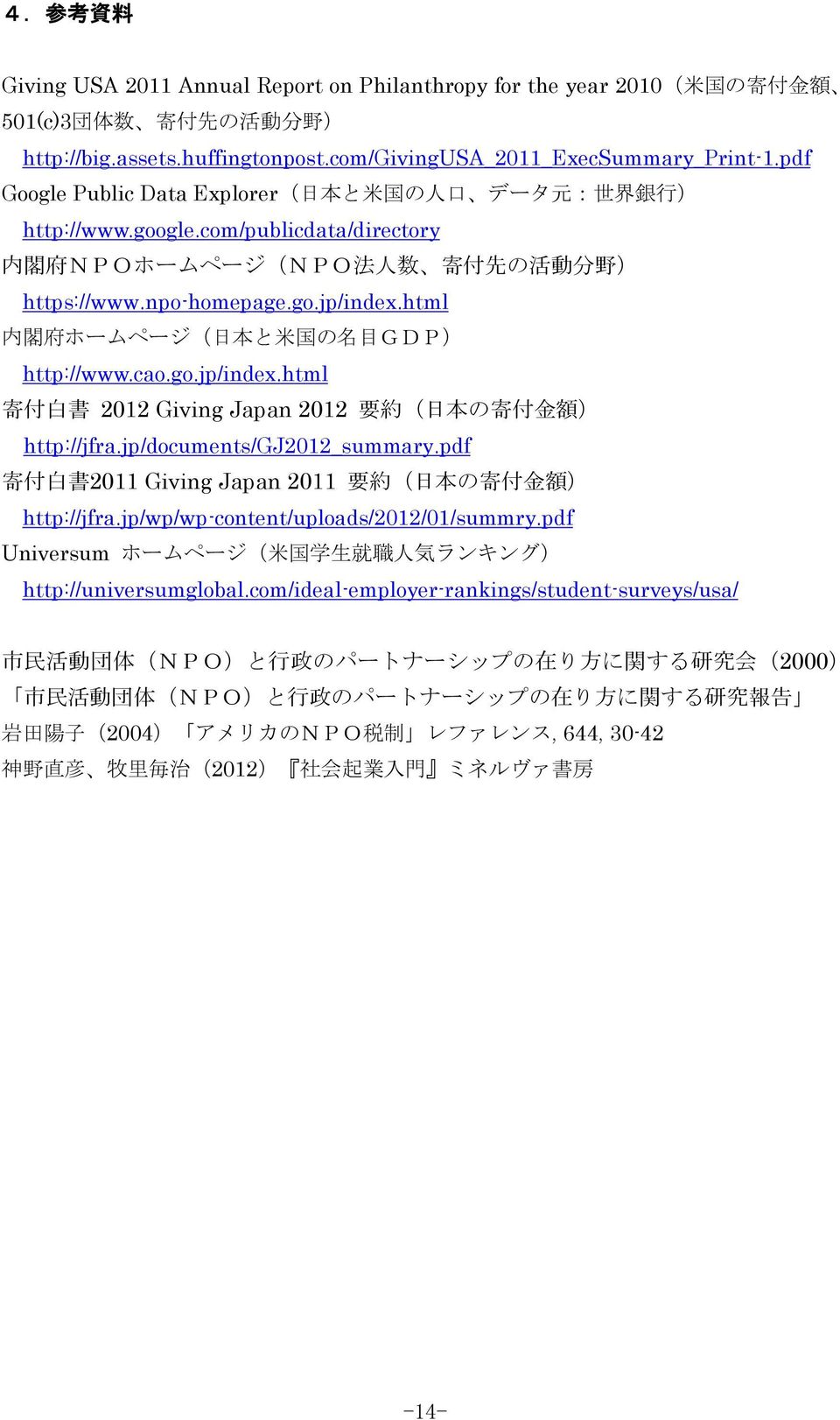 html 内 閣 府 ホームページ( 日 本 と 米 国 の 名 目 GDP) http://www.cao.go.jp/index.html 寄 付 白 書 2012 Giving Japan 2012 要 約 ( 日 本 の 寄 付 金 額 ) http://jfra.jp/documents/gj2012_summary.