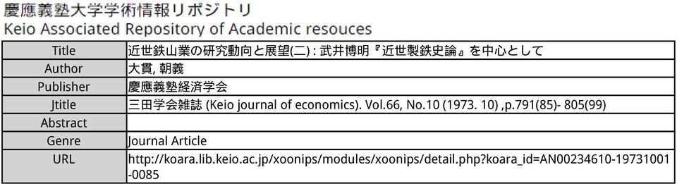 Publisher 慶 應 義 塾 経 済 学 会 Jtitle 三 田 学 会 雑 誌 (Keio journal of economics). Vol.66, No.