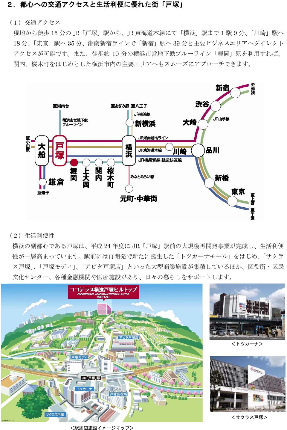 エリアへもスムーズにアプローチできます (2) 生 活 利 便 性 横 浜 の 副 都 心 である 戸 塚 は 平 成 24 年 度 に JR 戸 塚 駅 前 の 大 規 模 再 開 発 事 業 が 完 成 し 生 活 利 便 性 が 一 層 高 まっています 駅 前 には 再 開 発 で 新 たに 誕 生