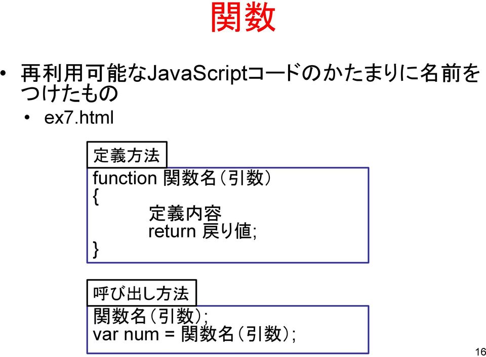 html 定 義 方 法 function 関 数 名 ( 引 数 ) { 定 義