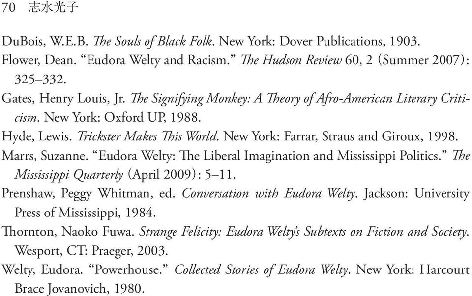 Eudora Welty: The Liberal Imagination and Mississippi Politics. The Mississippi Quarterly April 2009 : 5 11. Prenshaw, Peggy Whitman, ed. Conversation with Eudora Welty.