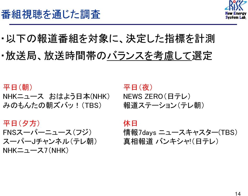 (TBS) 平 日 ( 夕 方 ) FNSスーパーニュース(フジ) スーパーJチャンネル(テレ 朝 ) NHKニュース7(NHK) 平 日 ( 夜 )
