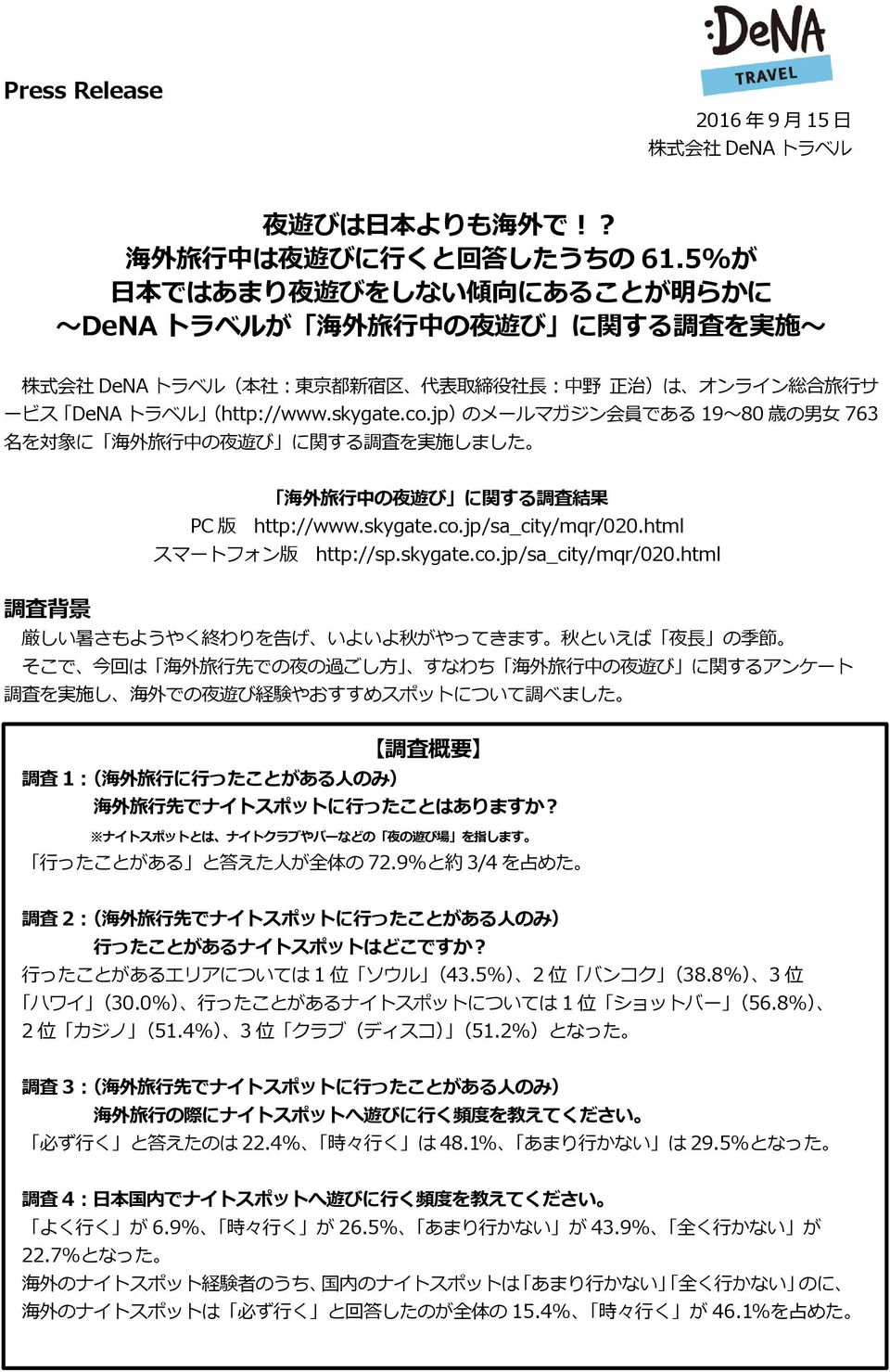 skygate.co.jp)のメールマガジン 会 員 である 19~80 歳 の 男 女 763 名 を 対 象 に 海 外 旅 行 中 の 夜 遊 び に 関 する 調 査 を 実 施 しました 海 外 旅 行 中 の 夜 遊 び に 関 する 調 査 結 果 PC 版 http://www.skygate.co.jp/sa_city/mqr/020.