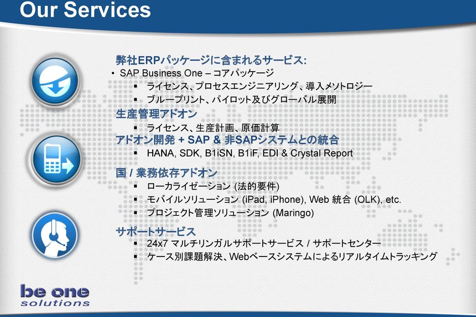 EDI & Crystal Report 国 / 業 務 依 存 アドオン ローカライゼーション ( 法 的 要 件 ) モバイルソリューション (ipad, iphone), Web 統 合 (OLK), etc.