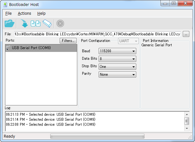 Bootloader Host ツールの 設 定 1 File: ボックスの 右 側 をクリックして 以 下 のファイルパスを 選 択 してください C: SCB_Bootloader_42xx Bootloadable Blinking LED.cydsn CortexM0 ARM_GCC_473 Debug Bootloadable Blinking LED.