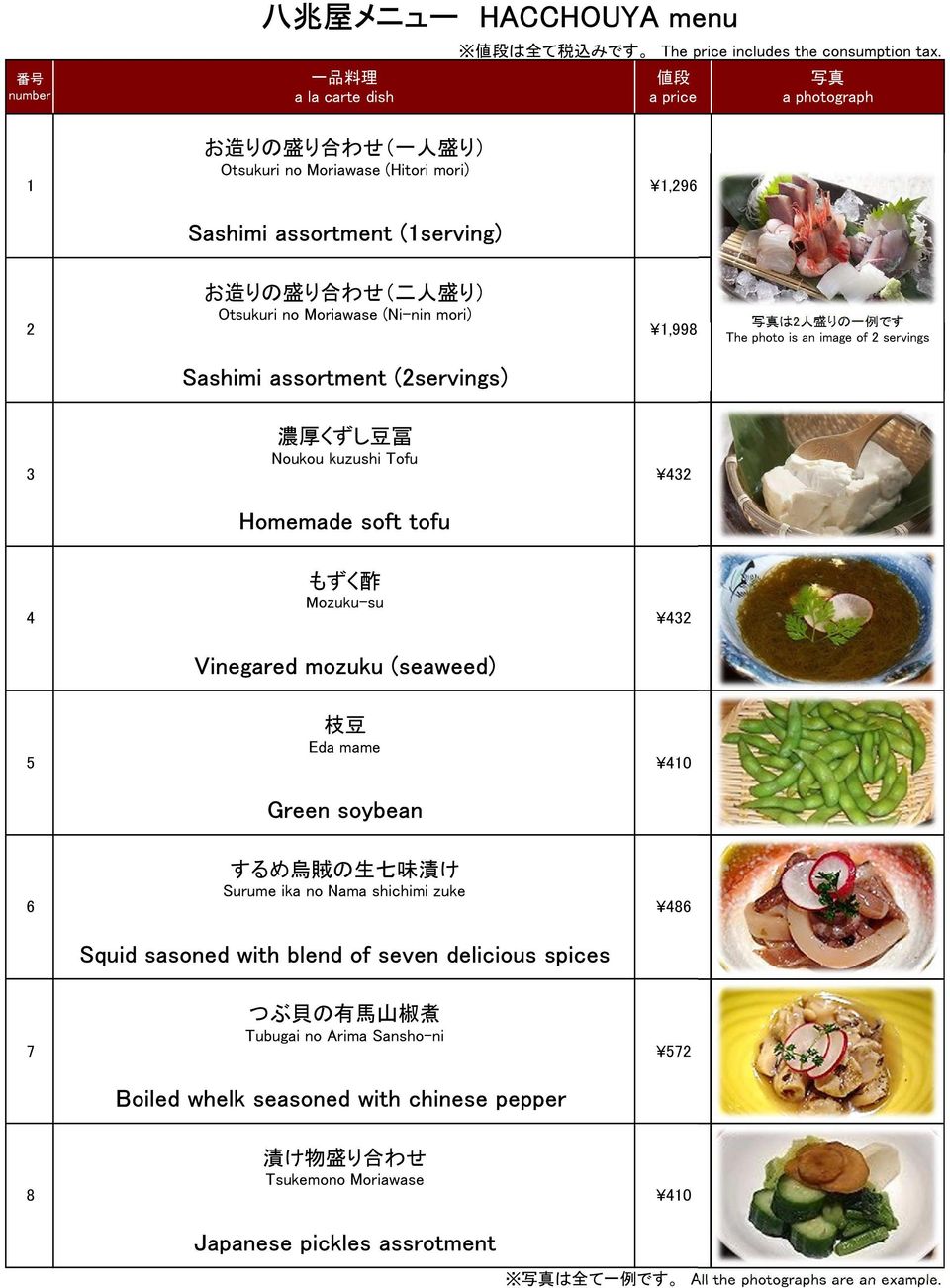 The photo is an image of 2 servings Sashimi assortment (2servings) 3 濃 厚 くずし 豆 冨 Noukou kuzushi Tofu 432 Homemade soft tofu 4 もずく 酢 Mozuku-su 432 Vinegared mozuku (seaweed) 5 枝 豆 Eda mame