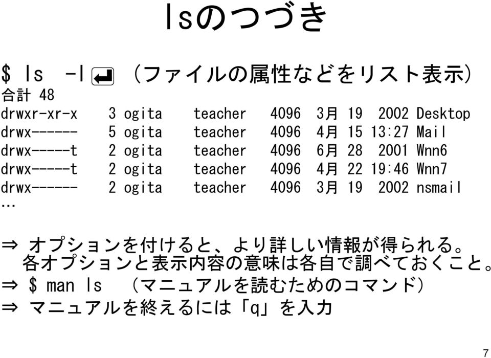 drwx-----t 2 ogita teacher 4096 4 月 22 19:46 Wnn7 drwx------ 2 ogita teacher 4096 3 月 19 2002 nsmail