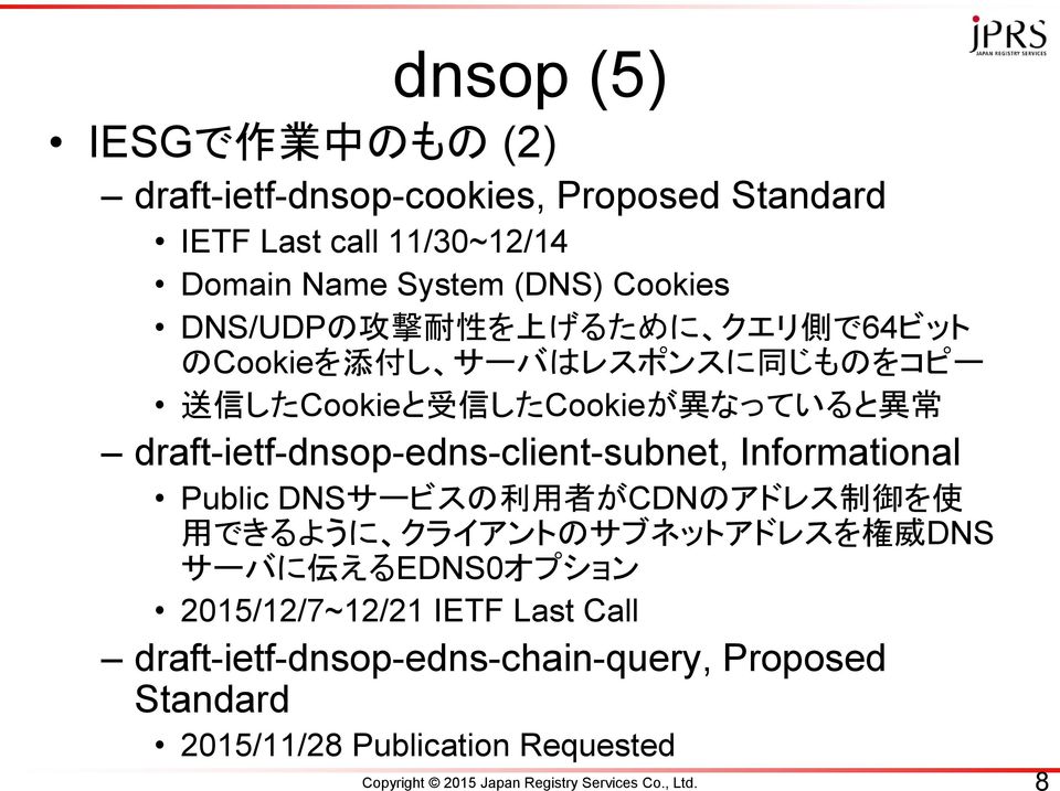 draft-ietf-dnsop-edns-client-subnet, Informational Public DNSサービスの 利 用 者 がCDNのアドレス 制 御 を 使 用 できるように クライアントのサブネットアドレスを 権 威 DNS サーバに 伝