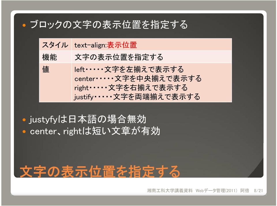right 文 字 を 右 揃 えで 表 示 する justify 文 字 を 両 端 揃 えで 表 示 する justyfyは 日 本