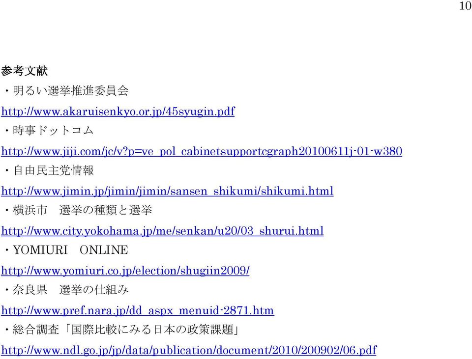 html 横 浜 市 選 挙 の 種 類 と 選 挙 http://www.city.yokohama.jp/me/senkan/u20/03_shurui.html YOMIURI ONLINE http://www.yomiuri.co.