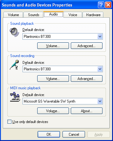 Windows XP での PC オーディオセットアップ ( この画面を表示するには [ スタート ]>[ コントロールパネル ]>[ サウンドとオーディオデバイス ]) デフォルト設定 :PC サウンドとオーディオをすべてヘッドセットで再生します 代替の設定 :PC サウンドはすべて PC