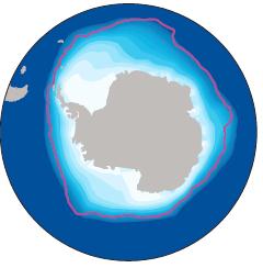 5 2081-2100年平均 RCP8.5 図. 9月(上)と2月 下 における南極の海氷密度 左 1986-2005年平均 中央 2081-2100年平均 RCP4.