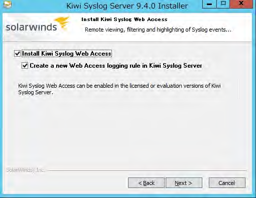 7)Kiwi Syslog Web Access および Web Access に記録するルールを作成するかを選択し Next をクリックします 初期設定では Kiwi Syslog Web Access をインストールし Web Access