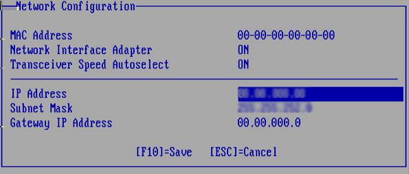 [IP Address] [Subnet Mask] および [Gateway IP Address] フィールドに適切な情報を入力します 図 4 ilo RBSU の [Network Configuration] ウィンドウ c. F10 キーを押して 変更を保存します 5.