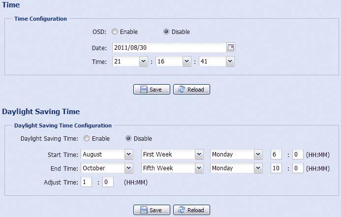 2 Time Set daylight saving time and the current time, and click Save to confirm. Function Description Time Configuration Date Set the current date.