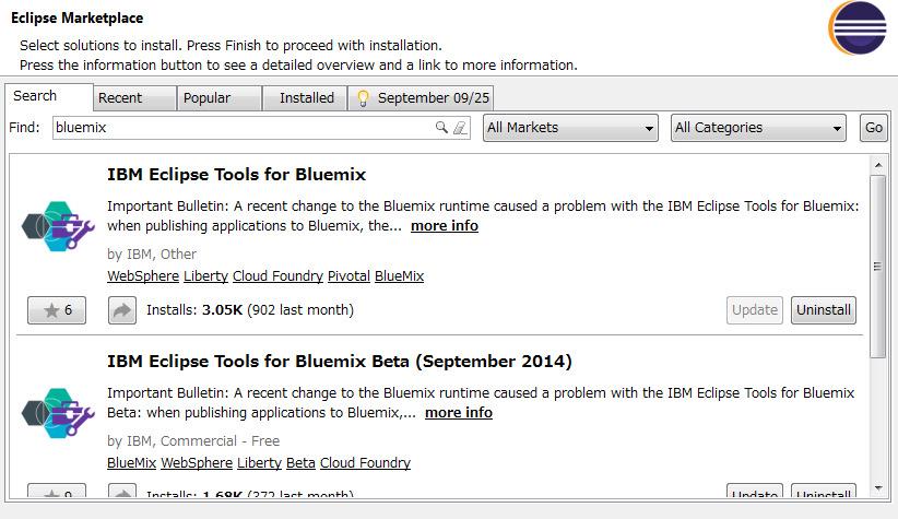 Eclipse と Bluemix を連携する (2) Help Eclipse Market を選択します Eclipse Market Place で bluemix を検索し IBM