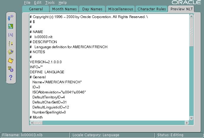 Oracle Locale Builder ユーティリティの概要 Preview NLT 画面 NLT ファイルは ファイル拡張子が.